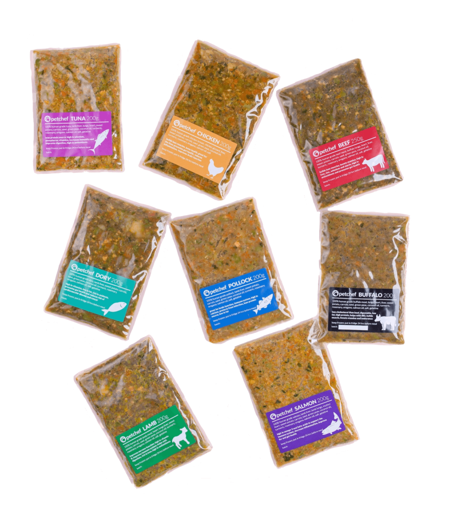 8 healthy dog food recipes packed in transparent packaging with visible only natural ingredients