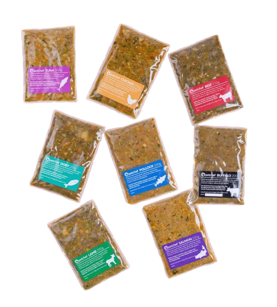 packets of healthy dog food produced directly with clear raw ingredients by Petchef Malaysia
