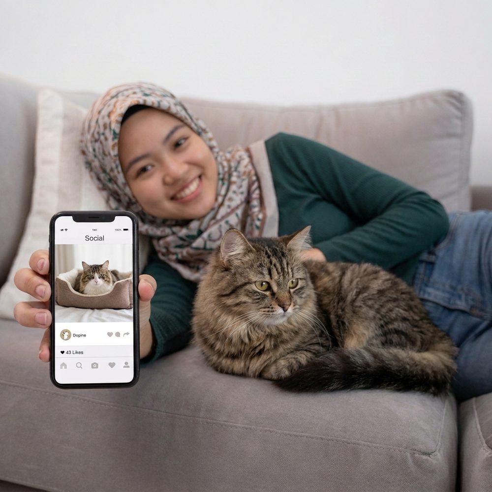 A Petchef customer with her cat, chatting on her phone