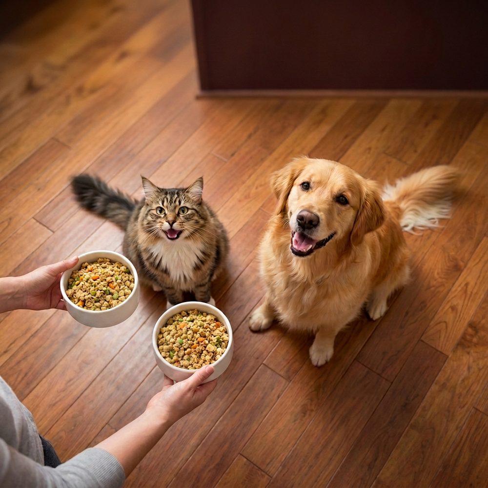A dog and cat being served fresh Petchef meals