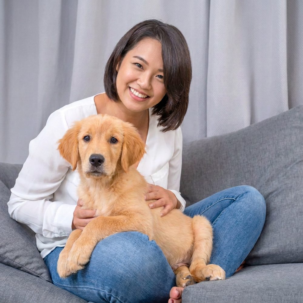 A pet parent relaxing with her golden retriever puppy